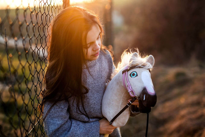 Giovane ragazza tiene un Hobby Horse bianco con Briglia rosa nella calda luce del tramonto