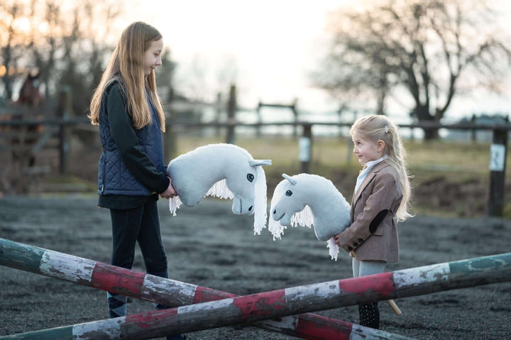 Due bambini tengono Hobby Horses bianchi accanto a salti dipinti in un'arena all'aperto