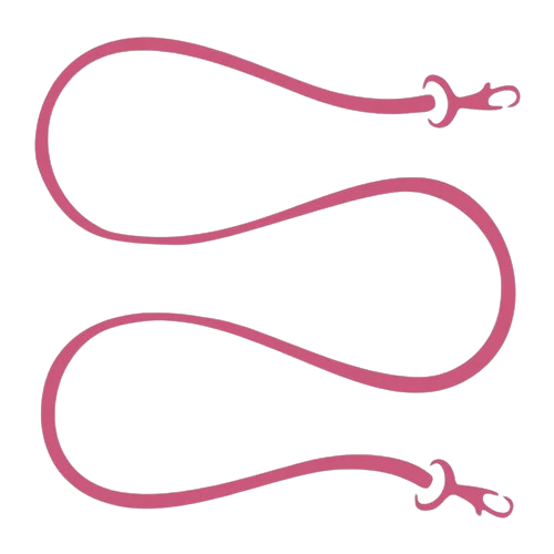 Due guinzagli rosa per cane disposti in un motivo morbido e ondulato su sfondo chiaro, con moschettoni in metallo visibili a entrambe le estremità.
