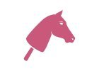 A simple pink silhouette of a horses head on a stick, resembling a classic toy hobby horse, on a white background.
