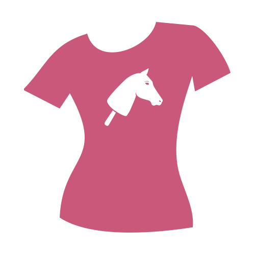 T-shirt rosa aderente con grafica bianca di una testa di cavallo su un bastone, simile a un Hobby Horse giocattolo, centrata sul petto.