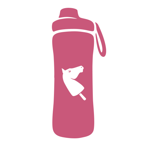Borraccia rosa con cinghia, con grafica bianca di un ghiacciolo con testa di cavallo sul davanti.