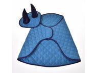 The Set Thermo Sky by Hobby Horse LarDen features a blue quilted costume or cape with dark blue edging and two upright horns on a rounded headpiece, inspired by a hobby horse ear bonnet for stylish insect protection.