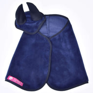 The Set Dark Blue by Hobby Horse LarDen includes a dark blue fleece ear bonnet with two pointed black ears and a matching blanket. A pink Lamben tag is on the bottom left corner.