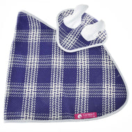 The Set Blue Cube by Hobby Horse LarDen features blue and white plaid napkins—one with napkin rings, one flat with a pink LarDen label—ideal for adding charm to your table or pairing with blanket sets for picnics.