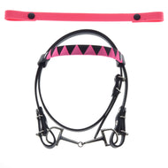 Briglia con 2 Fasce Rosa (taglia M) di Hobby Horse LarDen con design nero e rosa, imboccatura argentata e frontalino geometrico intercambiabile, mostrata insieme a una cinghia rosa coordinata su sfondo bianco.