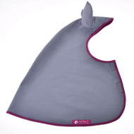 The Hobby Horse LarDen Raincoat Grey bib, inspired by an all-weather raincoat, features magenta trim, a pointed hood with ear detail, and a small pink label at the bottom edge. The bib is shown flat on a white background.