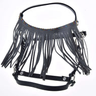 Cavezza nera con frange grigie Hobby Horse LarDen con frange lunghe e sottili e dettagli con perline sulla fascia superiore, mostrata su sfondo bianco.