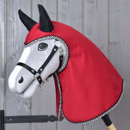 The Hobby Horse LarDen Raincoat Red Ferrari features a gray horse with a black bridle, dressed in a red raincoat-style hood with black-and-white trim, mounted on a stick—ideal for all-weather play.