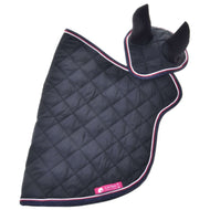 The Set Royal by Hobby Horse LarDen is a black quilted blanket with diamond pattern, pink and white trim, upright ear covers, and a pink bottom label—combining style and function for your horse.