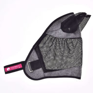 The Fly Mask De Luxe Light Grey by Hobby Horse LarDen features gray and black mesh, mesh ear covers, a pink LarDen tag, and a velcro strap with metal ring—washable for horses or hobby horse use. Shown on a white background.