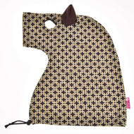 The Hobby Horse LarDen "Hobby Horse Protective suit Luxus Design" is a luxury bag shaped like a horse’s head, with brown and cream geometric pattern, brown ear, eye hole, and washable drawstring closure—ideal for hobby horse fans.