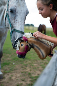 Un vero cavallo grigio abbassa la testa verso l'Hobby Horse Ozzy con Cavezza nera di Hobby Horse LarDen, tenuto da una ragazza con top marrone rossiccio, testa in peluche baio con sfumature scure e criniera in filato color crema e nero, qui mostrato con cavezza Teddy Maroon foderata di pelliccia
