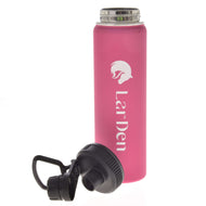 A pink Sports Bottle LarDen by Hobby Horse LarDen, double-walled stainless steel, silver screw-on lid, white logo and text. Comes with black detachable spout lid with handle. Leak-proof. Both lids shown on a white background.