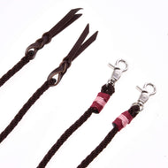 Redini Western Divise Kansas di Hobby Horse LarDen: redini marroni intrecciate con estremità in pelle e robusti moschettoni avvolti in rosa, mostrate su sfondo bianco.