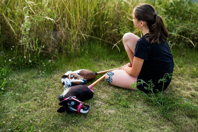 Una ragazza seduta sull'erba accanto a due Hobby Horses con la cavezza