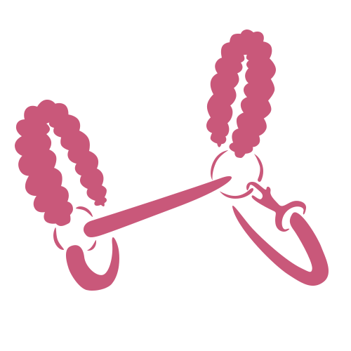 Semplice illustrazione rosa di un morso con redini intrecciate attaccate su entrambi i lati, mostrata su sfondo bianco semplice.