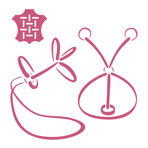 Minimalist pink line drawing showing diagrams for tying two types of leather knots, with a woven leather symbol in the top left corner, all on a light gray background.