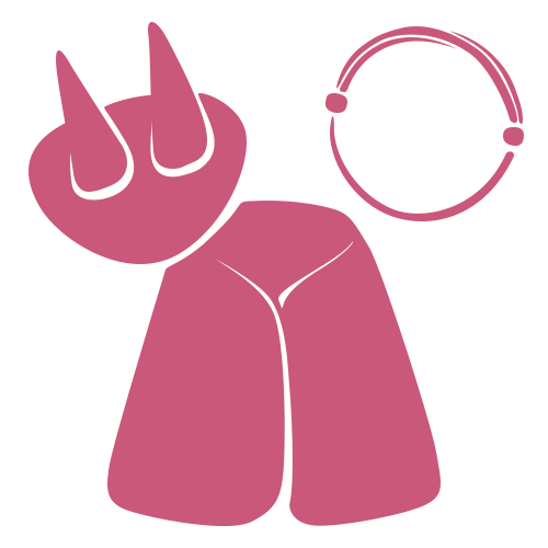 Semplice illustrazione astratta rosa che ricorda un gatto stilizzato con orecchie appuntite e coda arricciata su sfondo bianco.