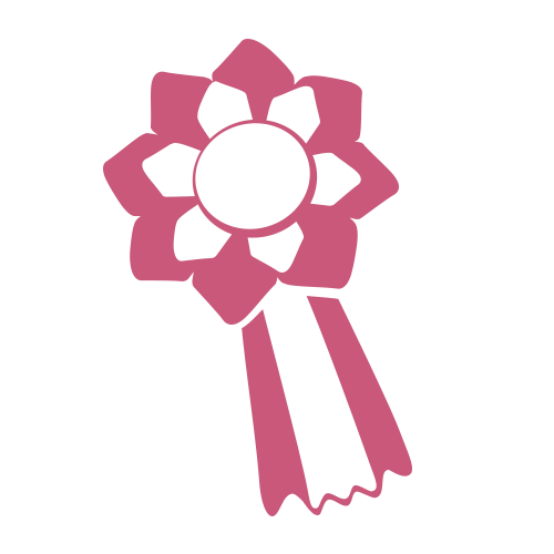 A simple pink ribbon rosette with a circular center and two trailing ribbons, depicted on a plain white background.