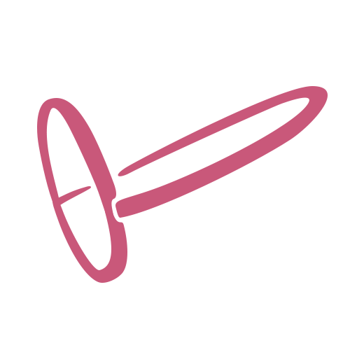 A simple pink line drawing of a razor with an oval handle and an angled blade, set against a light gray background.