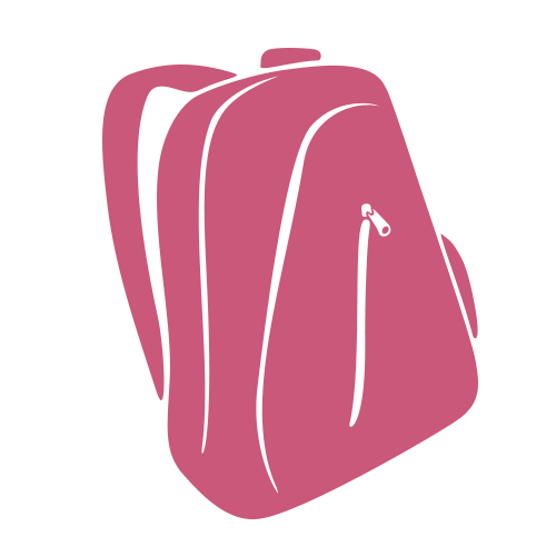 Illustrazione di uno zaino rosa con tasca con cerniera visibile e spallacci, su sfondo grigio chiaro.