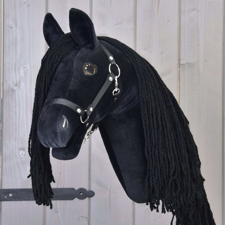 Hobby Horse nero con lunga criniera nera in filato e briglia, montato su uno sfondo di legno con una cerniera in metallo scuro.