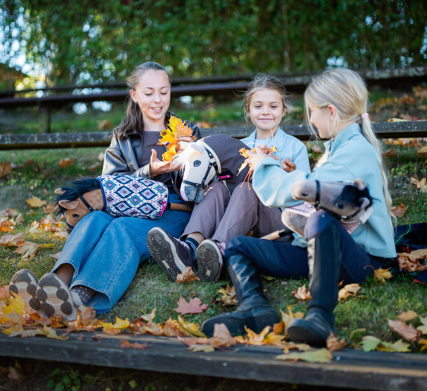 Tre ragazze con i loro Hobby Horse sui gradini autunnali coperti di foglie