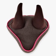 Hobby Horse Ear Bonnet Rosewood by LarDen in brown PES fabric with bright pink edging