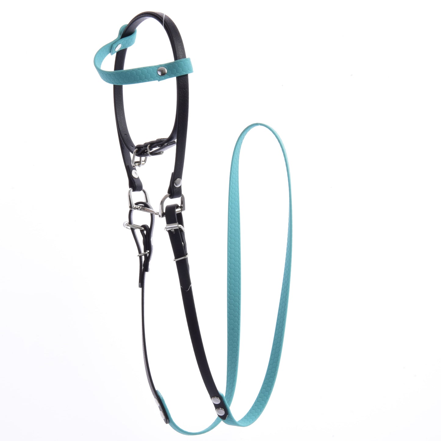 Complete black leatherette bridle with turquoise headband