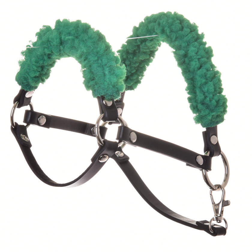 Black halter with green fur - leatherette