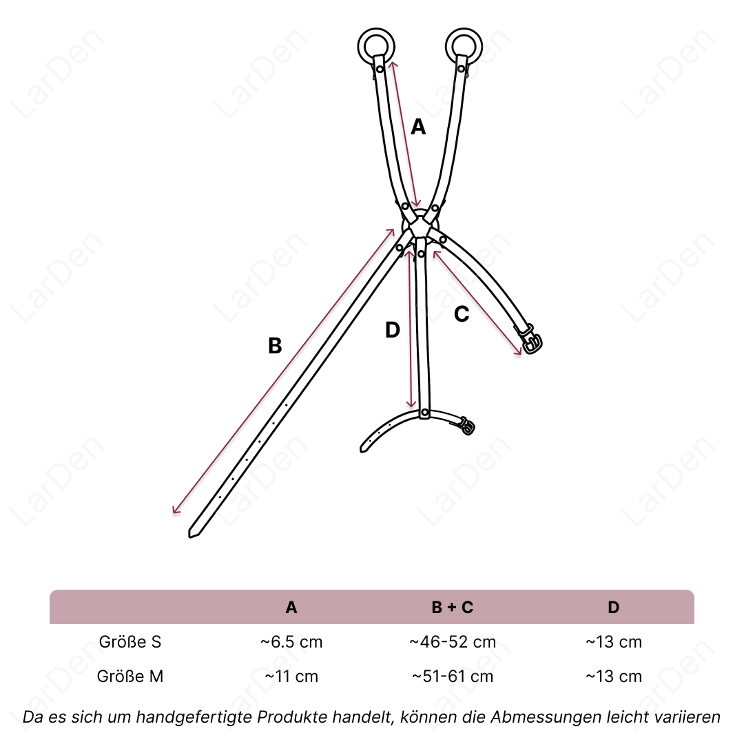 Diagramma di una martingala con cinghie per Hobby Horsing, con misure A, B+C e D e una tabella delle taglie sotto per S e M in centimetri. Il testo indica lievi variazioni dovute alla produzione artigianale. Vestibilità perfetta per le tue attività con Hobby Horse.