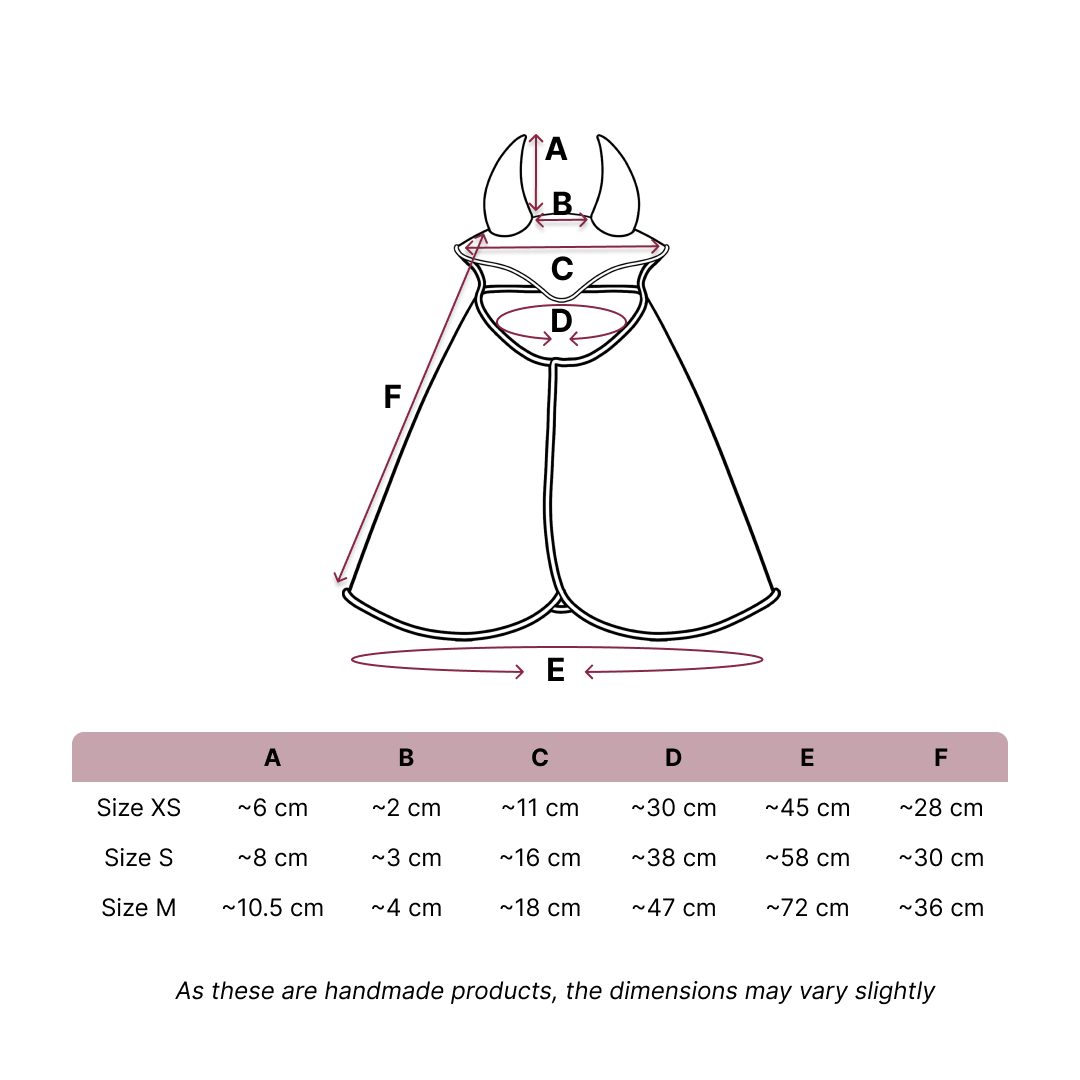 Diagramma che mostra le misure di un mantello con cappuccio, indicate da A a F, perfetto per gli appassionati di Hobby Horsing. Una tabella sotto riporta le taglie approssimative XS, S e M con misure in centimetri. Nota: le taglie possono variare leggermente.