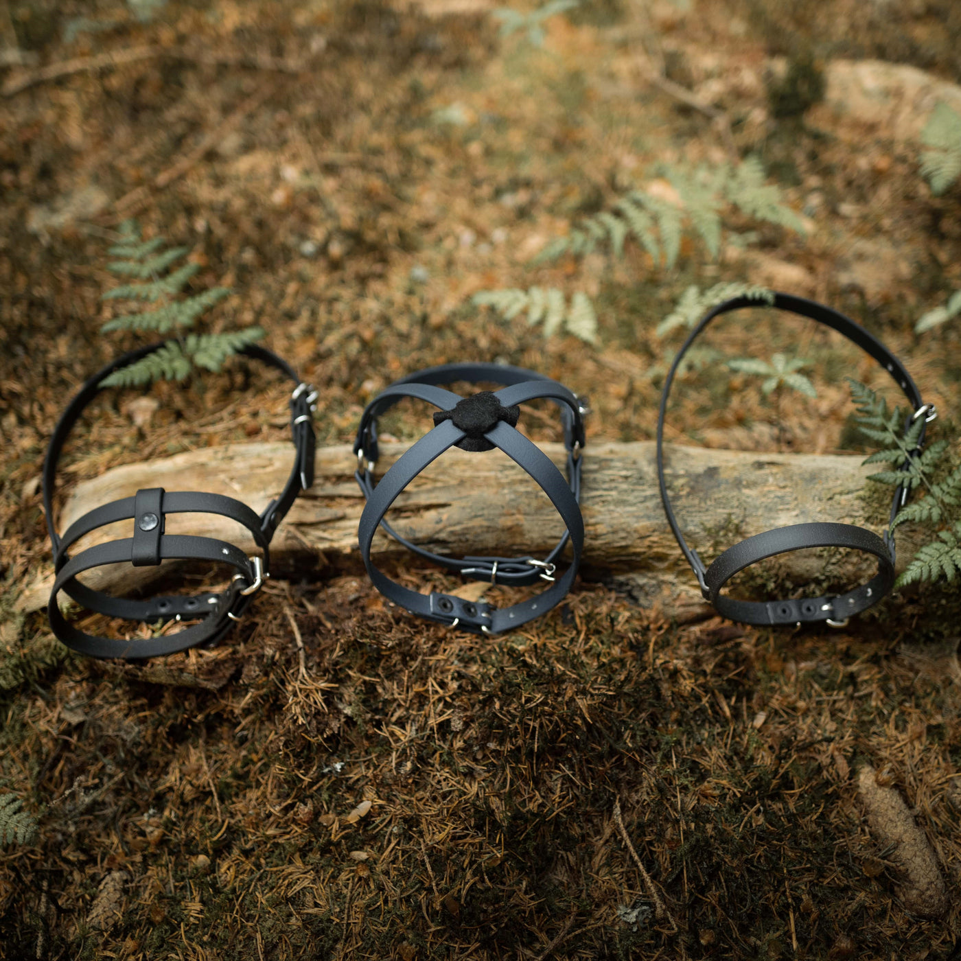 Three black leather head harnesses, perfect for Hobby Horsing, are displayed on the forest floor in front of a fallen log, surrounded by brown leaves and green ferns.