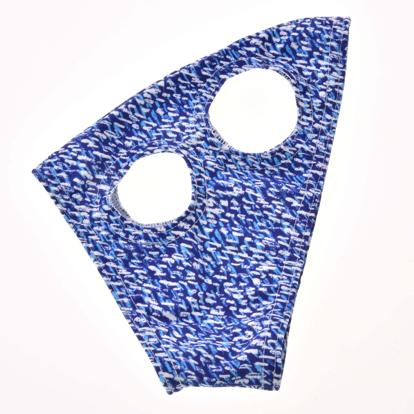 The Hobby Horse LarDen "Horse Mask without ears See" is a blue and white patterned fabric mask with two ear holes, perfect as a washable cover or for protecting your hobby horse, shown on a white background.