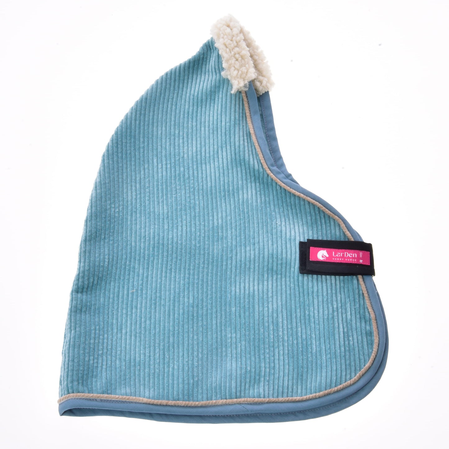 The Stable Blanket Fern by Hobby Horse LarDen is a light blue corduroy hood with beige trim and a fluffy cream top, featuring a pink and black Lani Ben label, styled like a Hobby Horse blanket and shown on a white background.