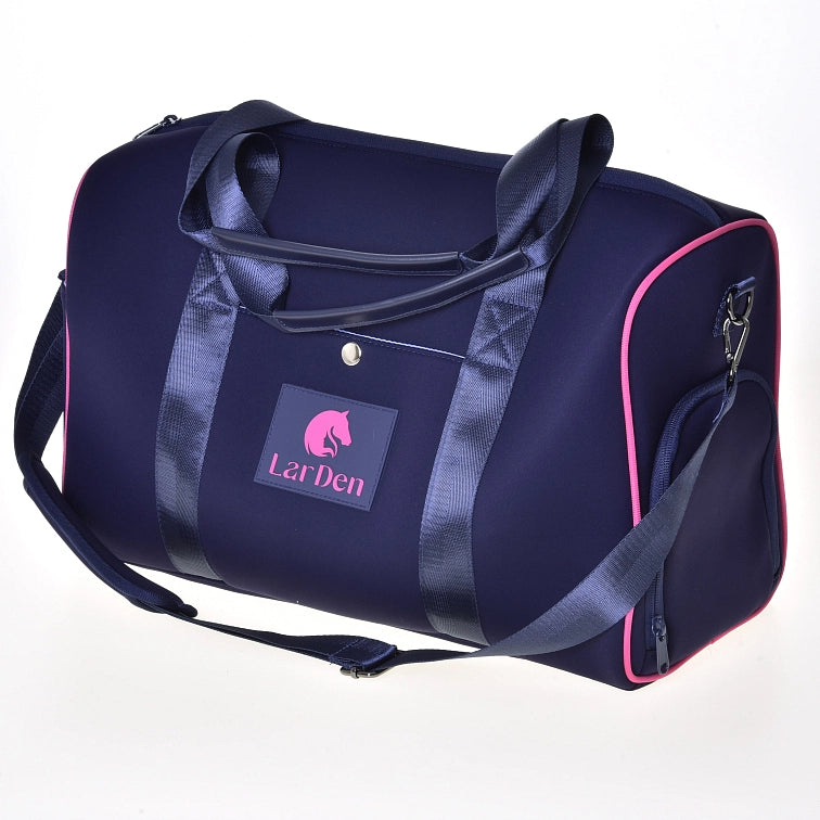 A navy blue duffel bag with pink piping, dual handles, a shoulder strap, and a front pocket displaying the LarDen logo featuring a horse head in pink—perfect for carrying your Hobby Horsing gear.