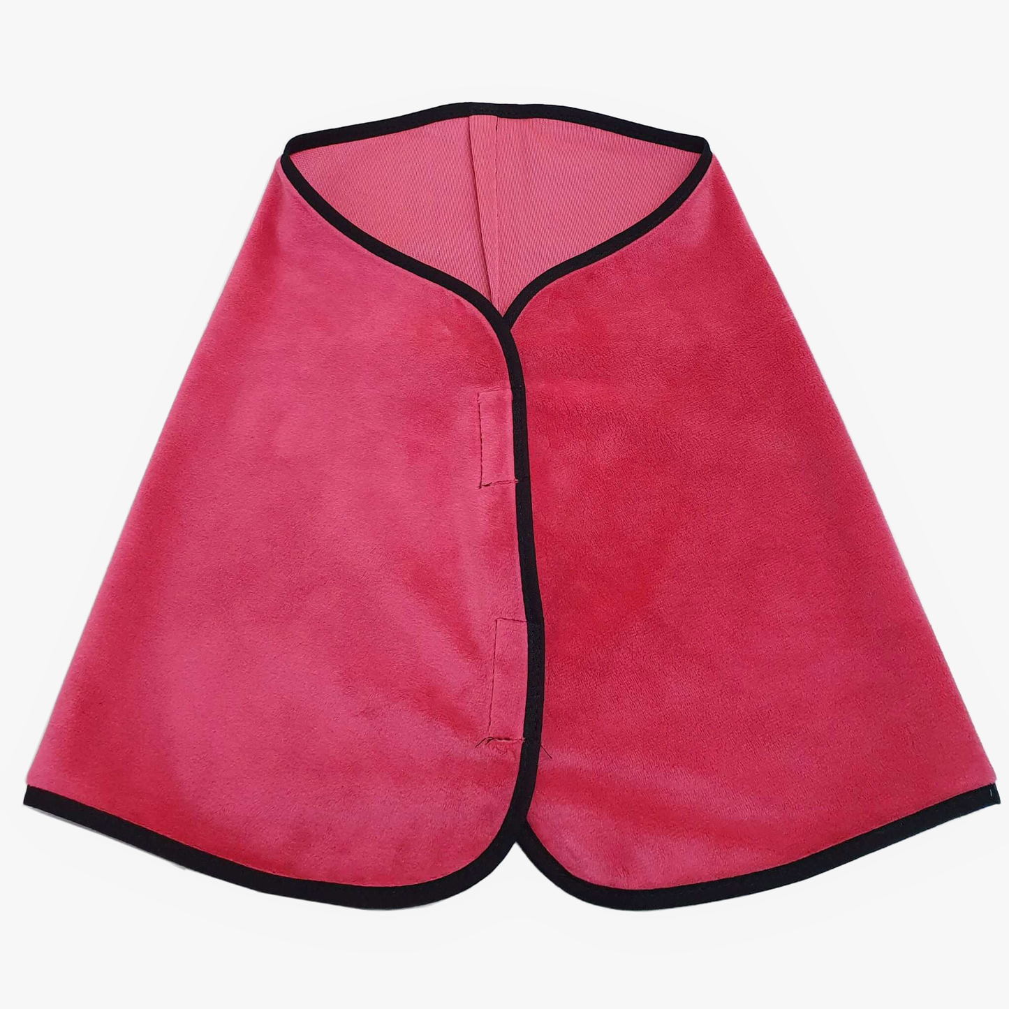 The Blanket Raspberry by Hobby Horse LarDen is a cape-shaped raspberry pink microfiber hair towel with black trim, shown flat on a white background. Inspired by horse blankets, it features a secure clasp closure for easy use.