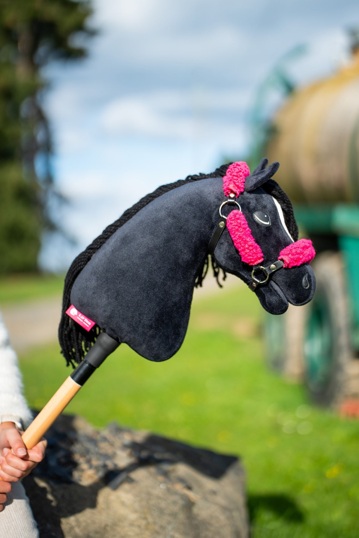 Testa e collo di Hobby Horse Cloony con Cavezza nera di Hobby Horse LarDen sollevati contro un cielo nuvoloso, peluche nero, stella bianca e criniera in filato nero, con Cavezza nera in similpelle con pelliccia rosa completa