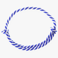 The Hobby Horse LarDen Cordeo blue stripe is a blue and white twisted rope with simple knots at each end, ideal for bridleless riding or hobby horse play, shown coiled on a white background.