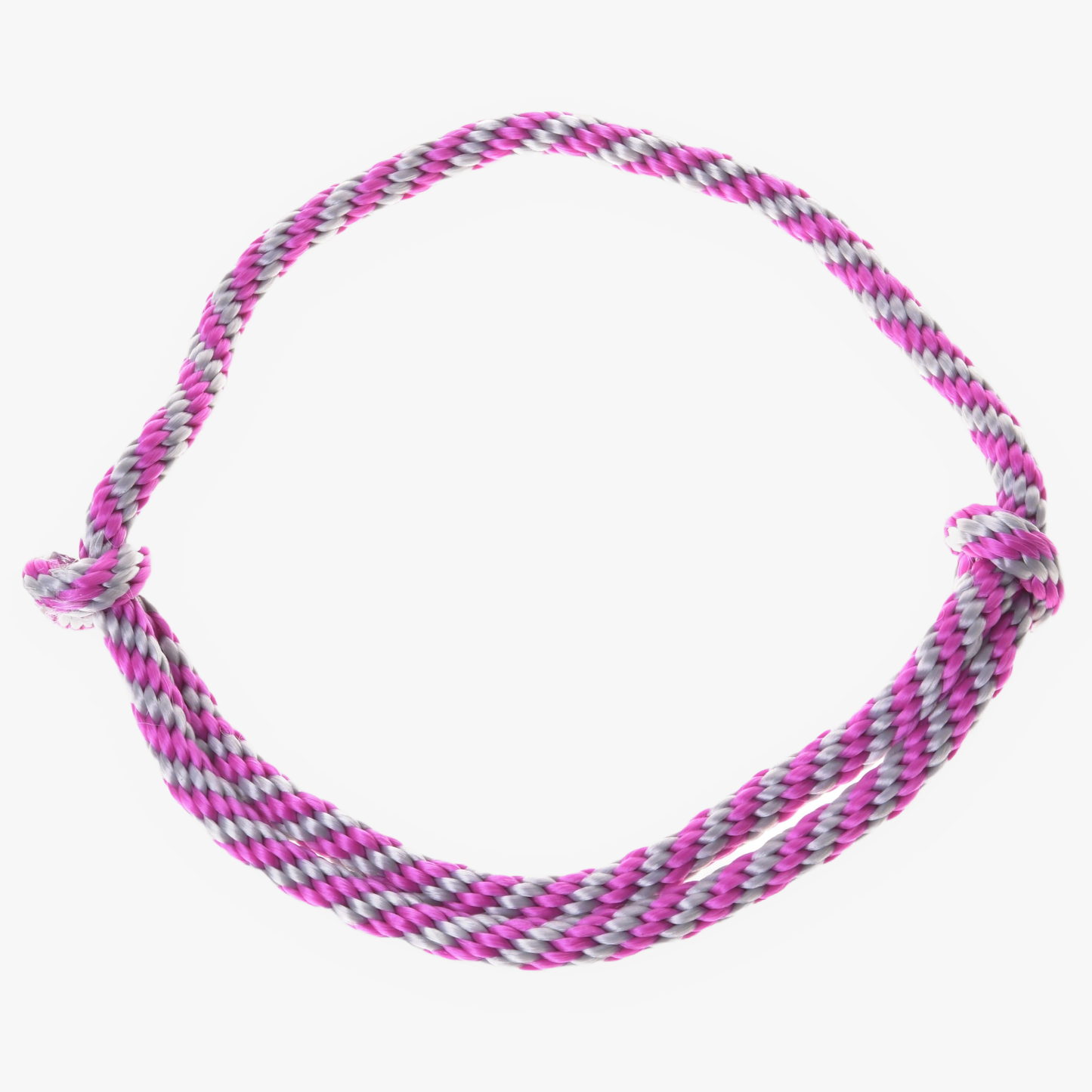 Cordeo a righe rosa di Hobby Horse LarDen con fili attorcigliati fatti a mano rosa, bianchi e viola in un anello circolare con estremità annodate, ideale per la monta senza briglia. Mostrato elegantemente su uno sfondo bianco.