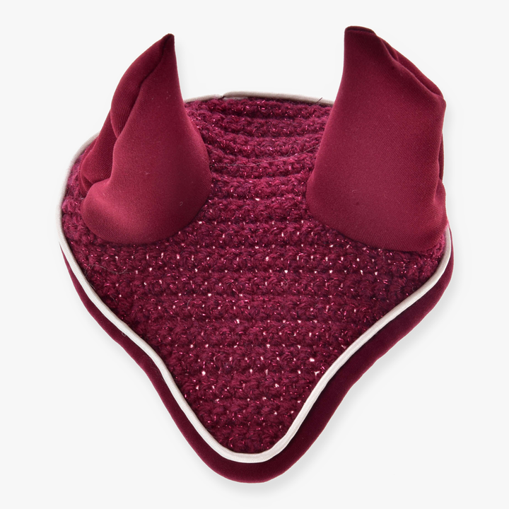 Cuffia all’uncinetto Lux Maroon di LarDen per Hobby Horse, uncinetto bordeaux brillante con orecchie abbinate e profilo bianco