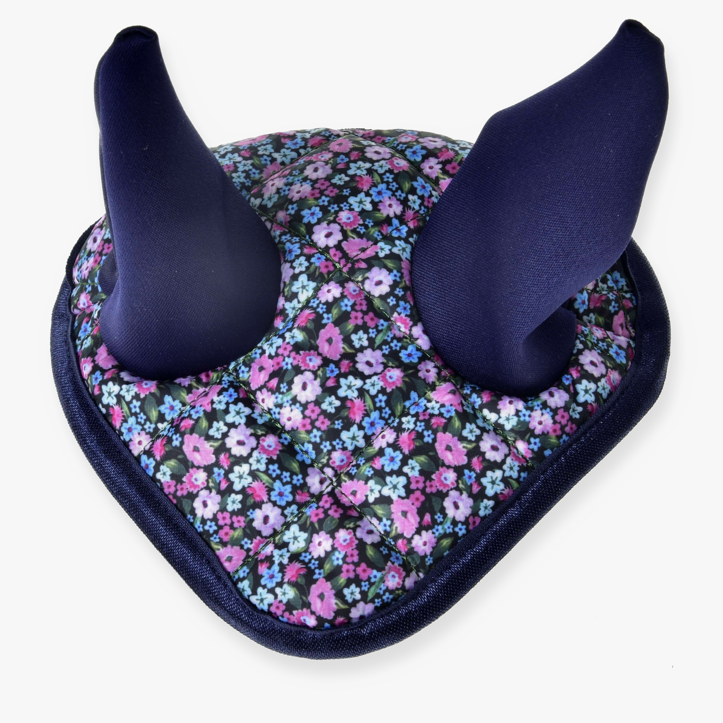 Cuffia Orecchie Flower Hobby Horse LarDen con tessuto delle orecchie viola e blu e base decorata con piccoli fiori rosa, blu e viola, che offre uno stile grazioso e un'efficace protezione dagli insetti.