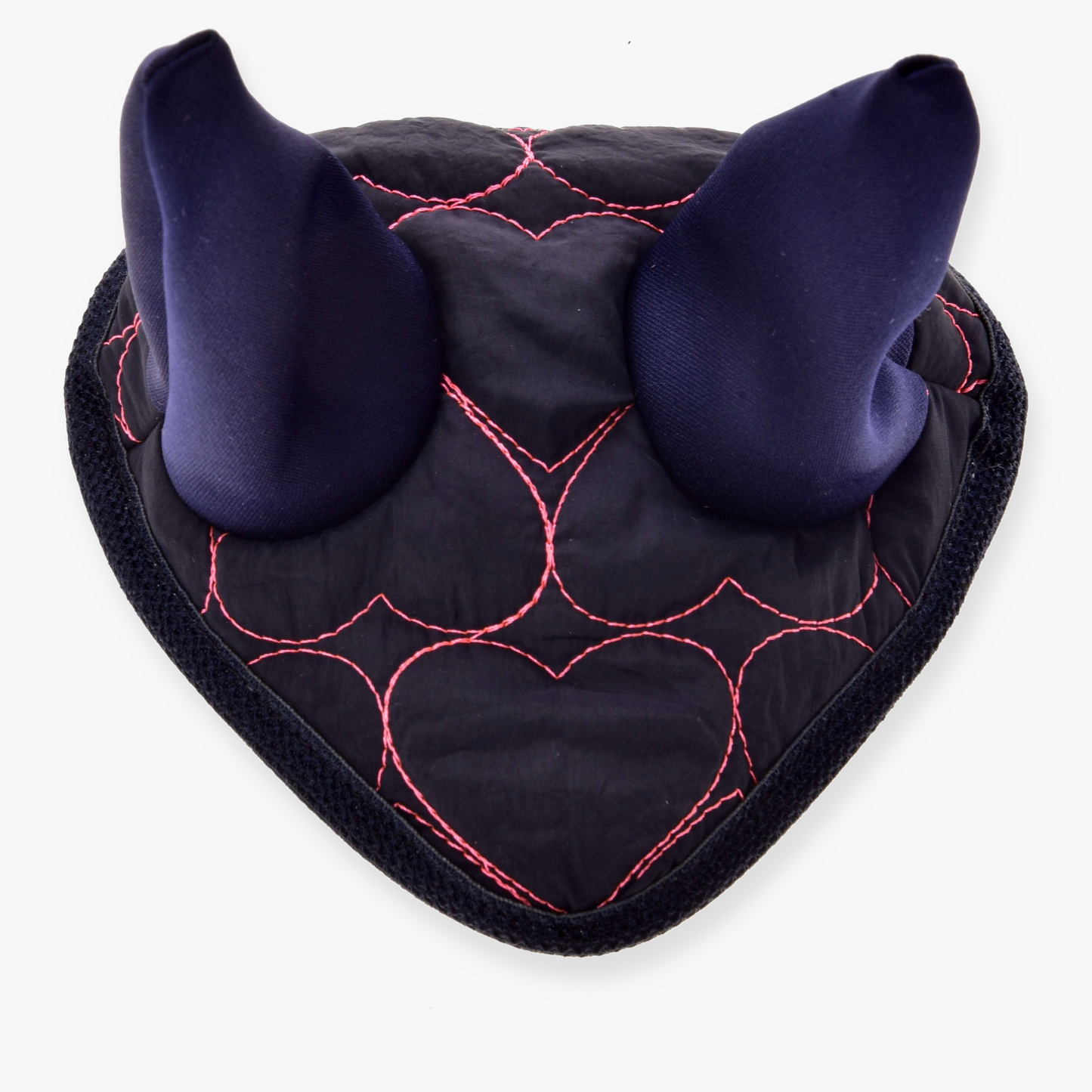 The Hobby Horse LarDen Ear Bonnet Pink Heart is a dark, heart-shaped horse ornament with horn-like padded points and red stitching, resembling fly protection gear, shown from above on a white background.