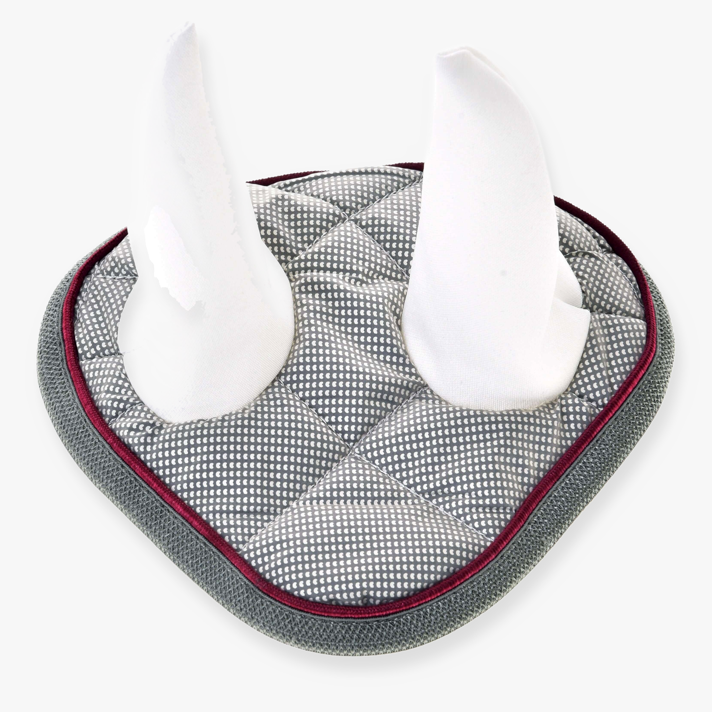 The Hobby Horse LarDen Ear Bonnet Silver Eleganza is a gray quilted pad with maroon trim and two white upright ears, offering stylish insect protection for hobby horse play.