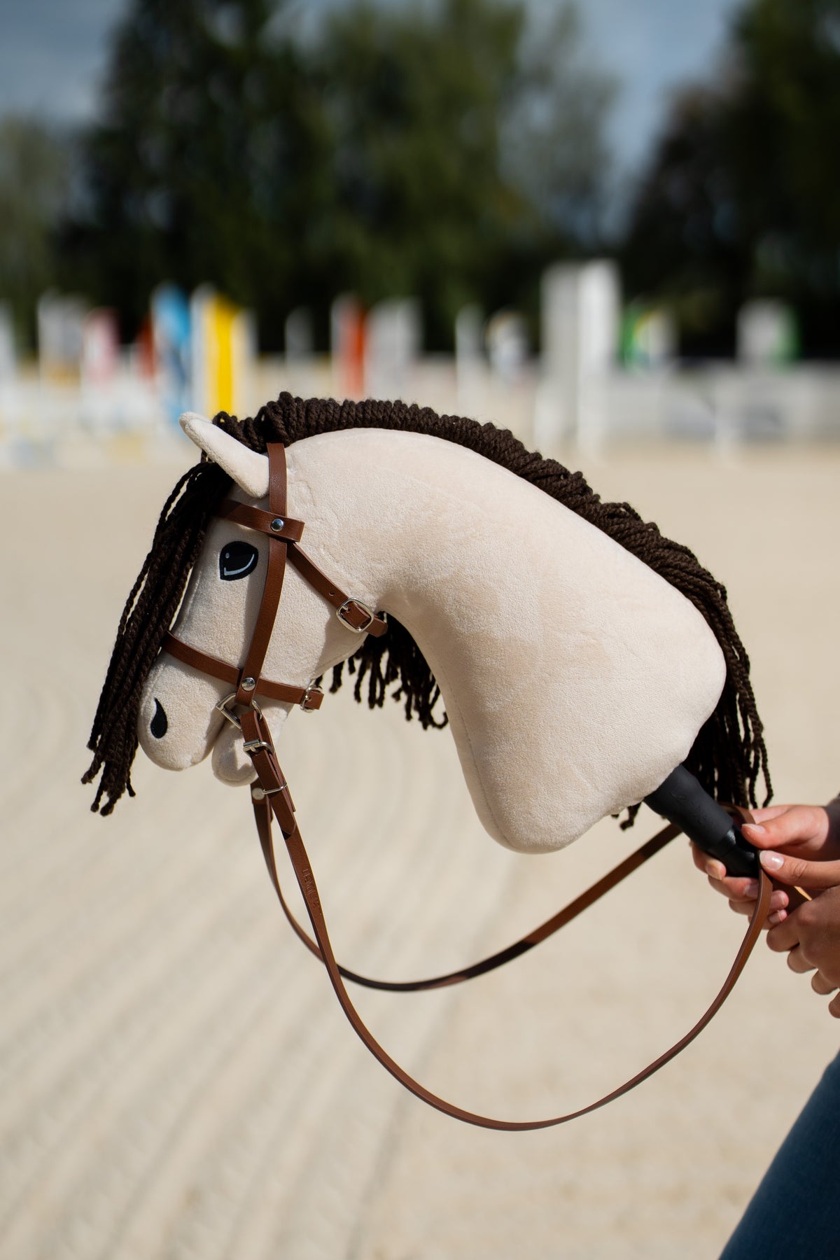 Detail photo: the head of the Hobby Horse Frederik LD with black halter by Hobby Horse LarDen held up on a sand arena, coloured jump wings blurred behind - cream plush, dark brown yarn mane and forelock - shown here with the complete brown bridle with noseband.
