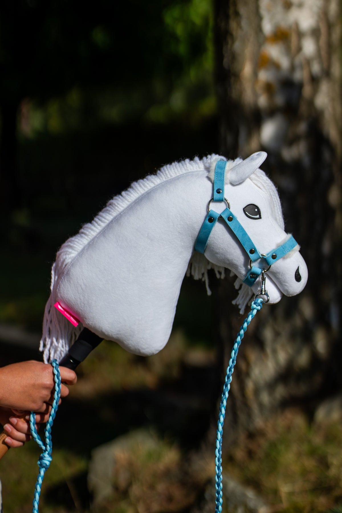 Hobby Horse bianco con cavezza turchese e lunghina in paracord Double Blue