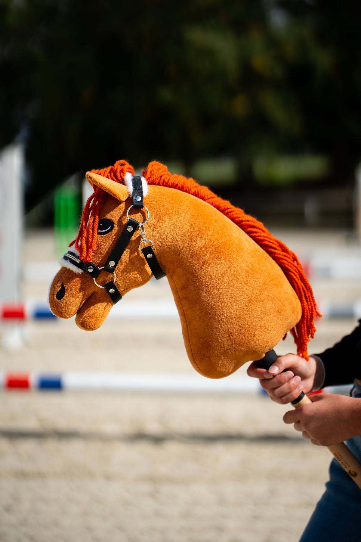 Detail photo: the head and neck of the Hobby Horse Little Angel with Black Halter by Hobby Horse LarDen held up on a sand arena, jump poles blurred behind - chestnut plush, bright red yarn mane - shown here with the Espresso fur halter in leatherette.