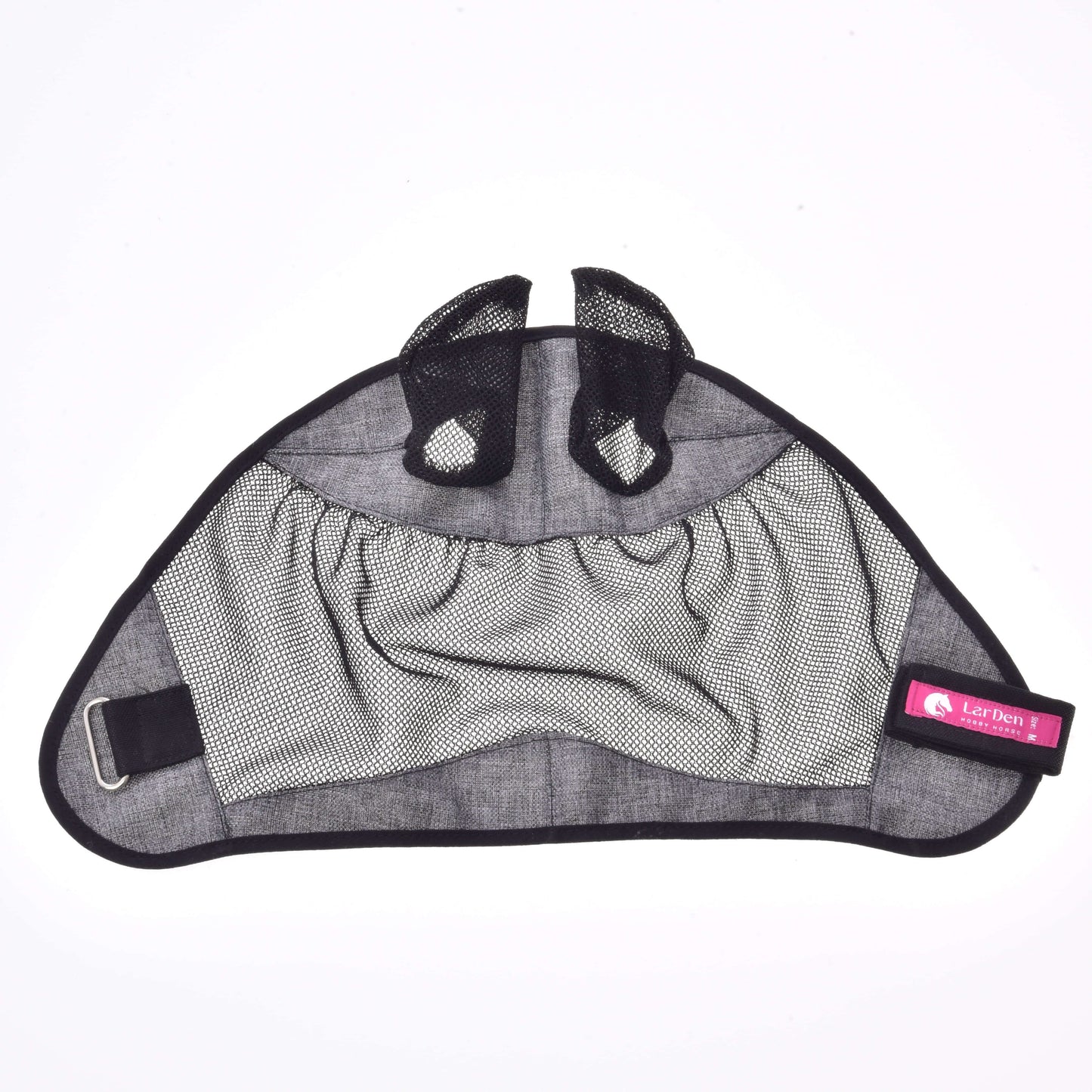 Maschera Antizecche De Luxe Grigio Chiaro di Hobby Horse LarDen con finitura nera, due aperture per le orecchie, sezione centrale elastica e etichetta rosa LeMieux per una protezione elegante del Hobby Horse.