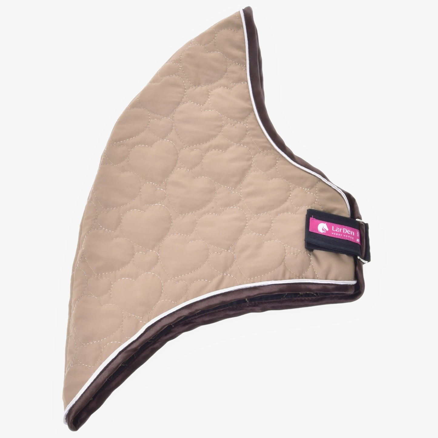 The Hobby Horse LarDen "Neck cover Bonanza" is a tan quilted fabric dog jacket with heart stitching, brown trim, and a Velcro strap featuring a pink "Let Demi" label. Secure fasteners ensure comfort and fit. Displayed on a white background.